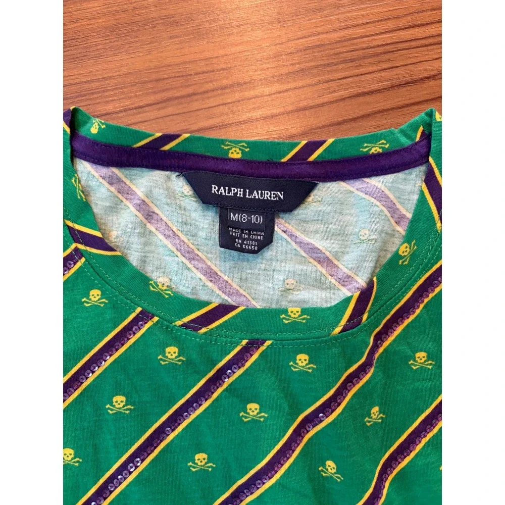 Ralph Lauren girl Green Striped Skull Crossbones Long Sleeve T-Shirt Size M 8-10